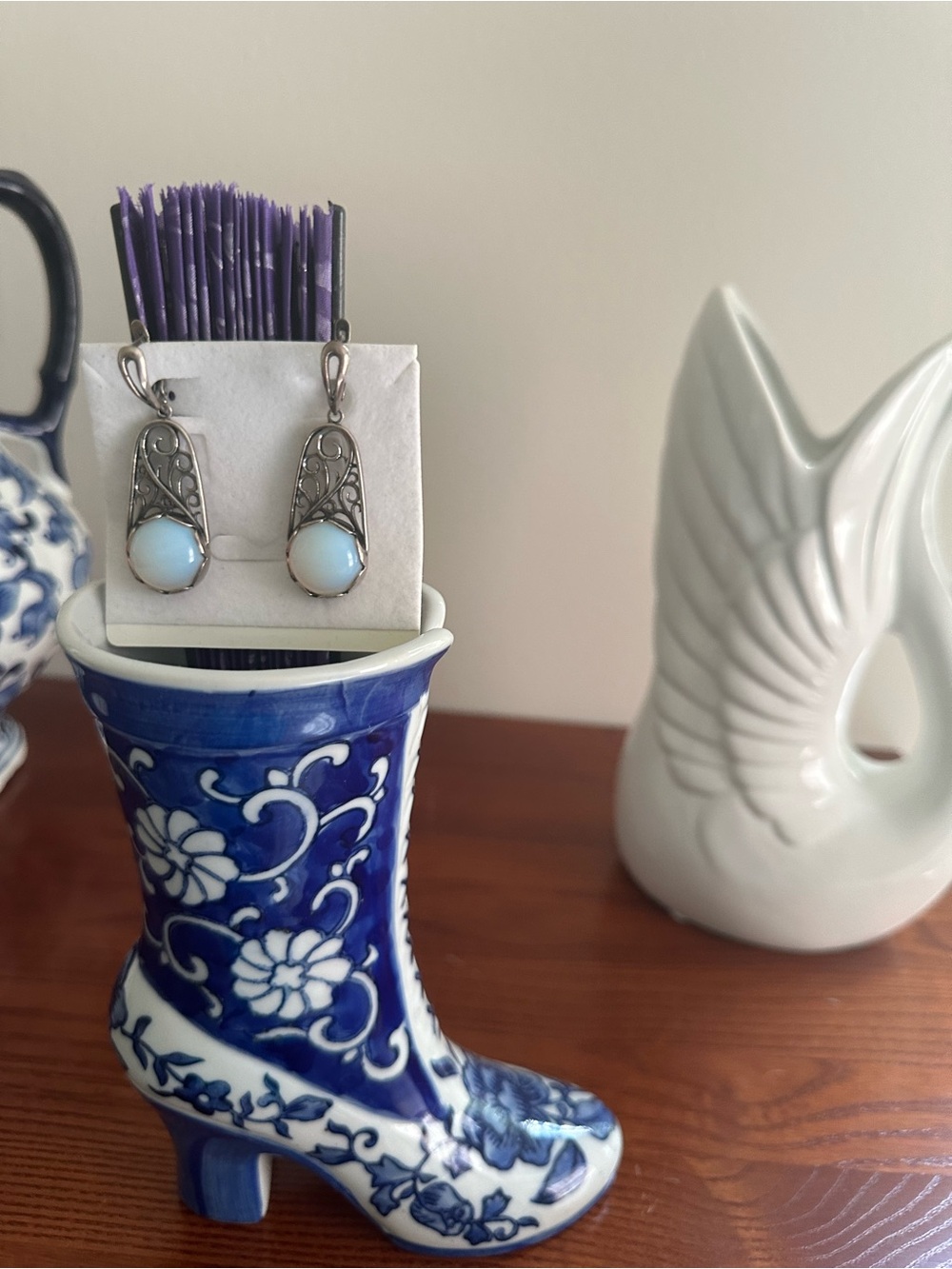 Sterling Silver Filigree Earrings with Opalescent Blue Cabochons Moon Stone